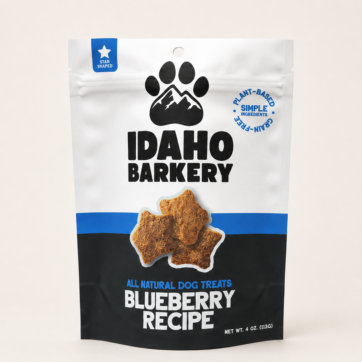 Idaho Barkery Blueberry Star Treat Bag - 4oz, plant-based, grain-free, all natural dog treats